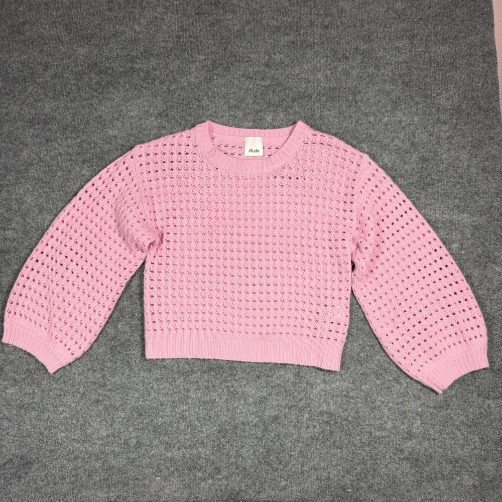 Allude Open Knit Cashmere Virgin Wool Sweater Balloon Sleeve Womens‎ Pink EUC